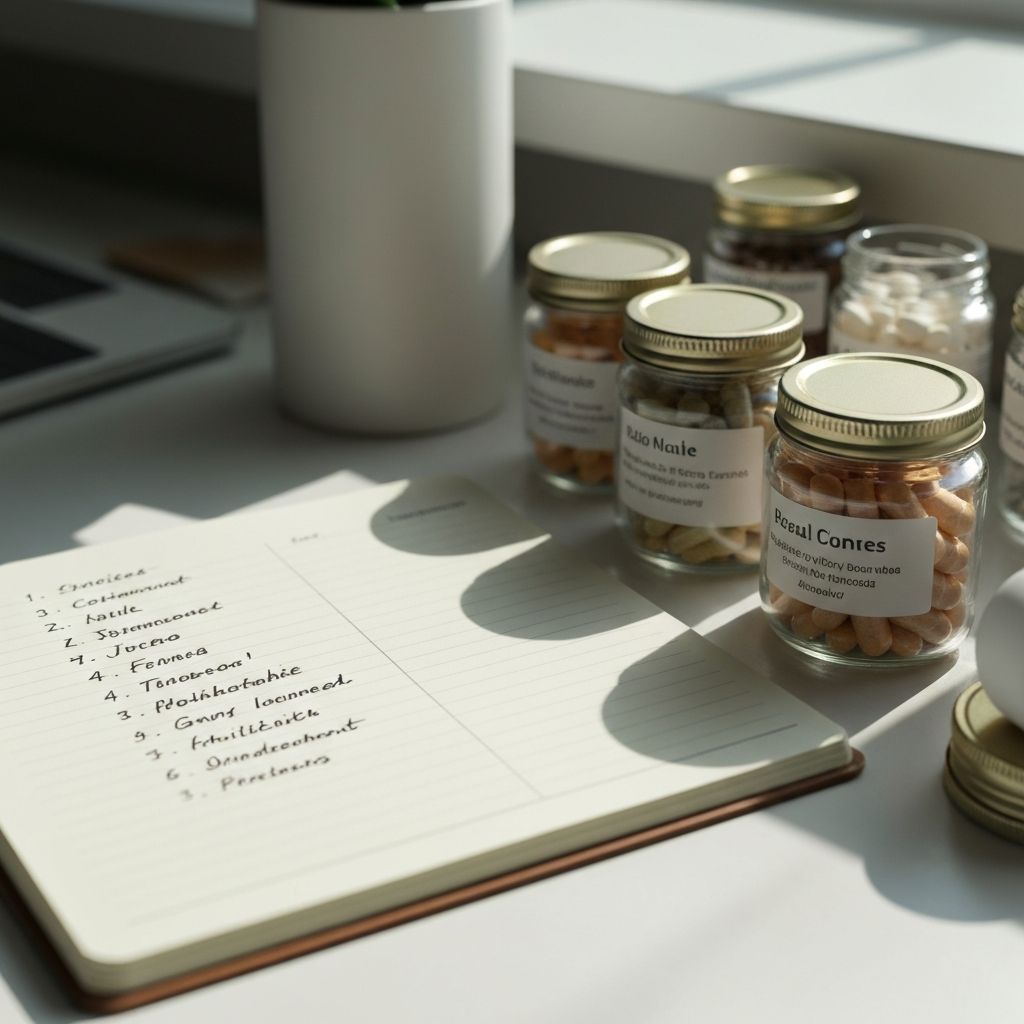 Handschriftliche Liste in einem Notizbuch mit Supplementnamen, organisierte Gläser neben dem Notizbuch, weiches Licht